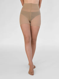 Full-body front view of a model standing in the Sheer Shaping Tights 30D in Dune, showing the high-waist fit and sheer leg.