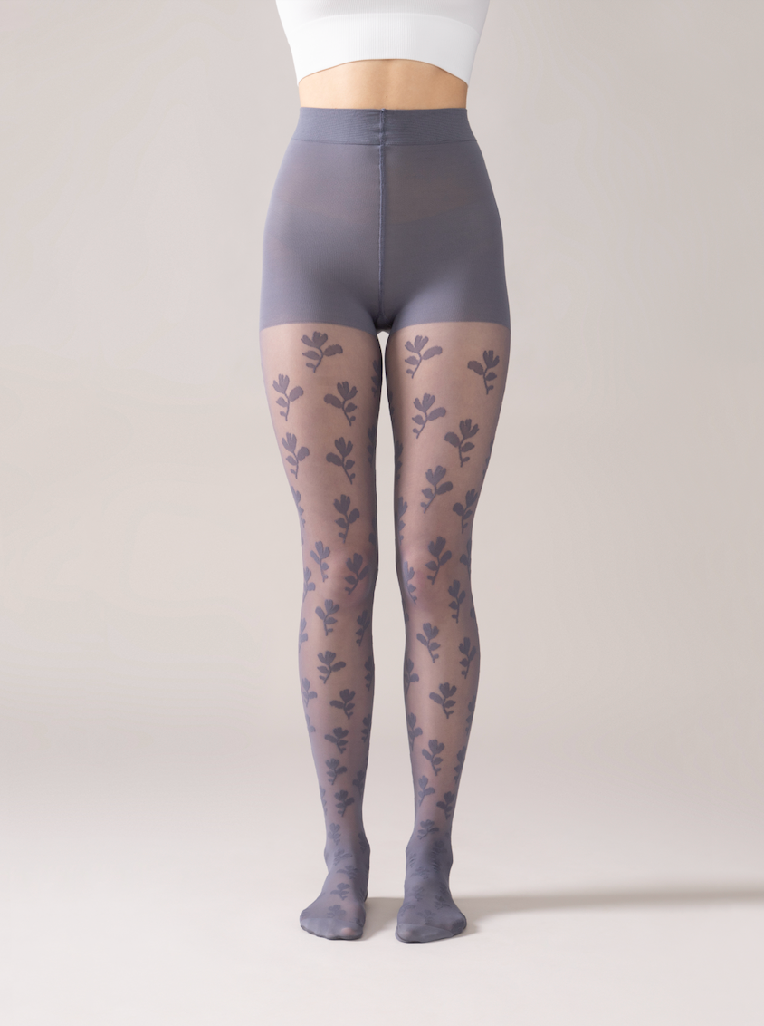 Floral Pattern Tights in Denim Blue