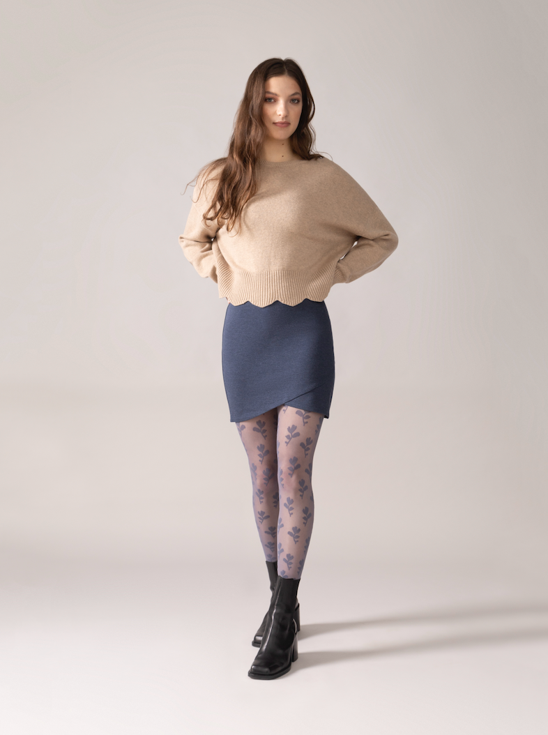 Floral Pattern Tights in Denim Blue