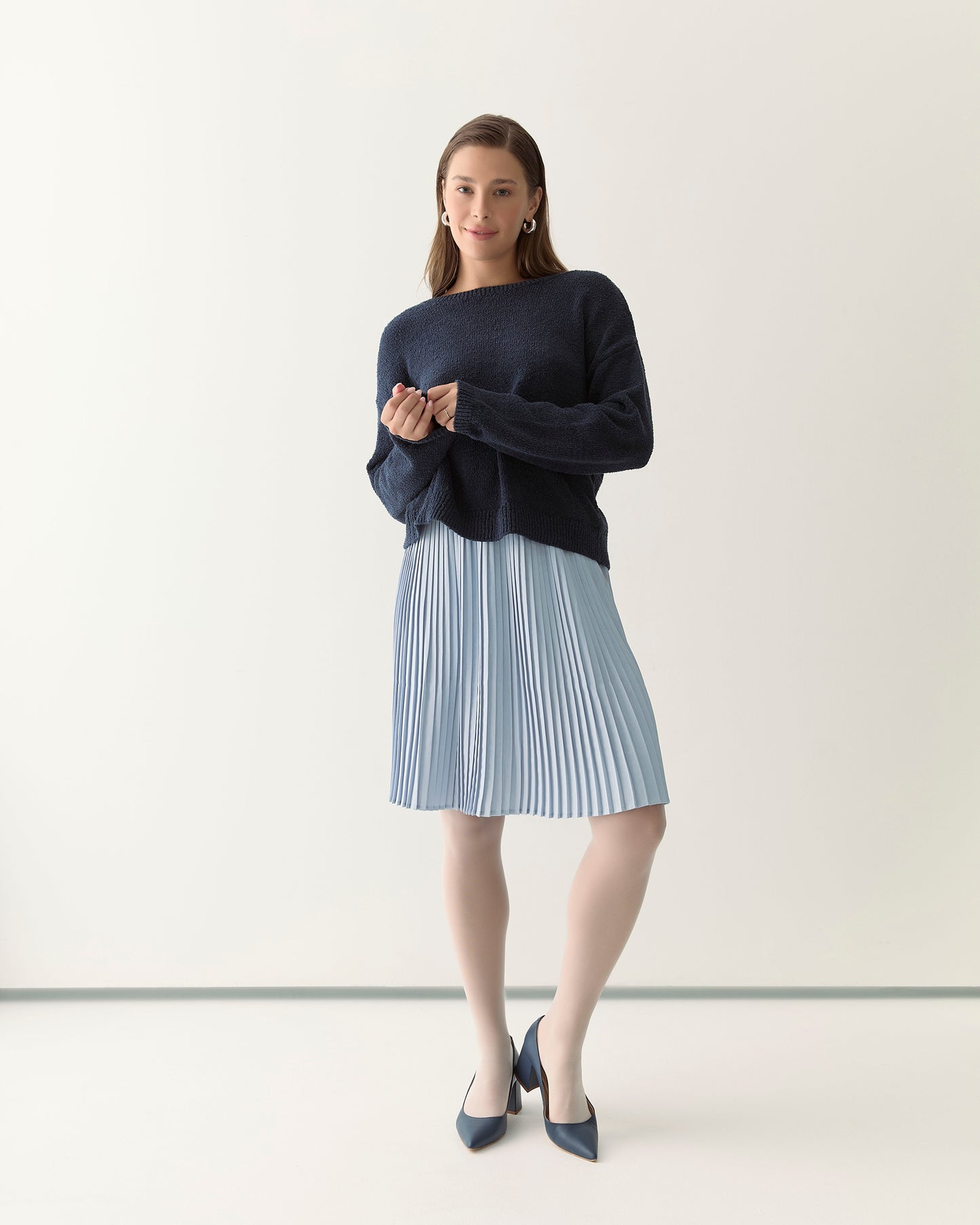 Knee-Length Pleated Skirt In Pastel Blue