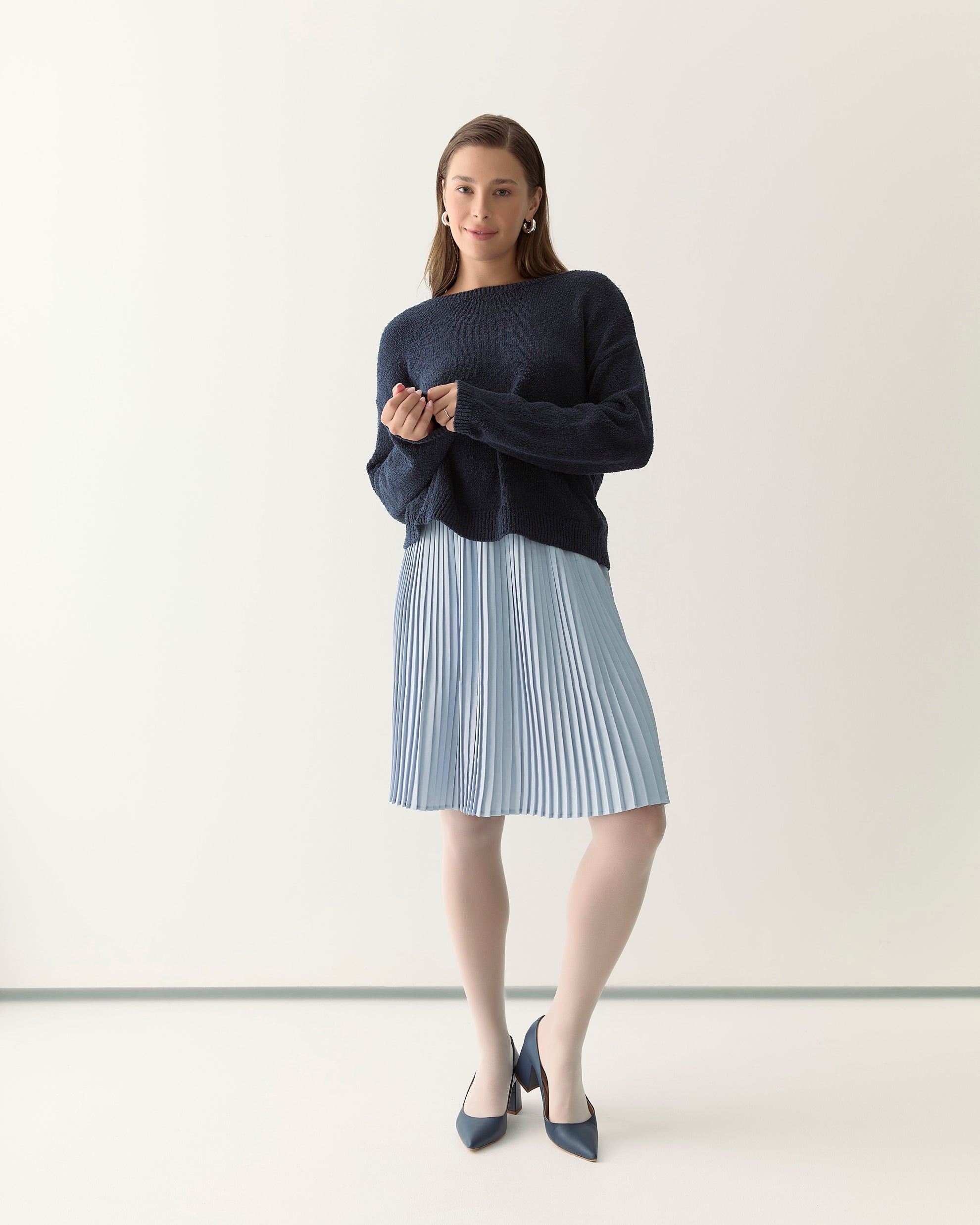 Knee-Length Pleated Skirt In Pastel Blue