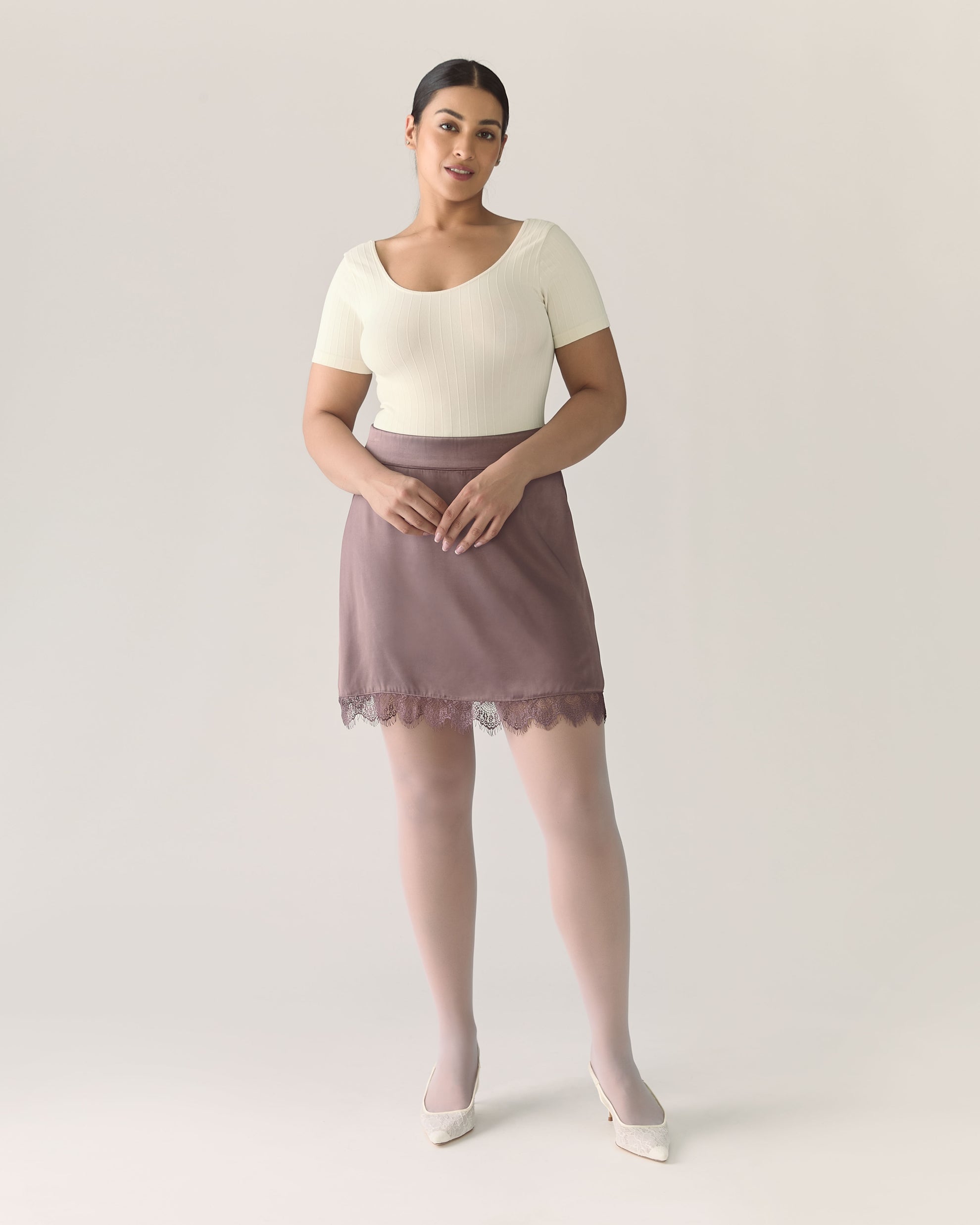 Lace Trim Satin Skirt in Deep Taupe