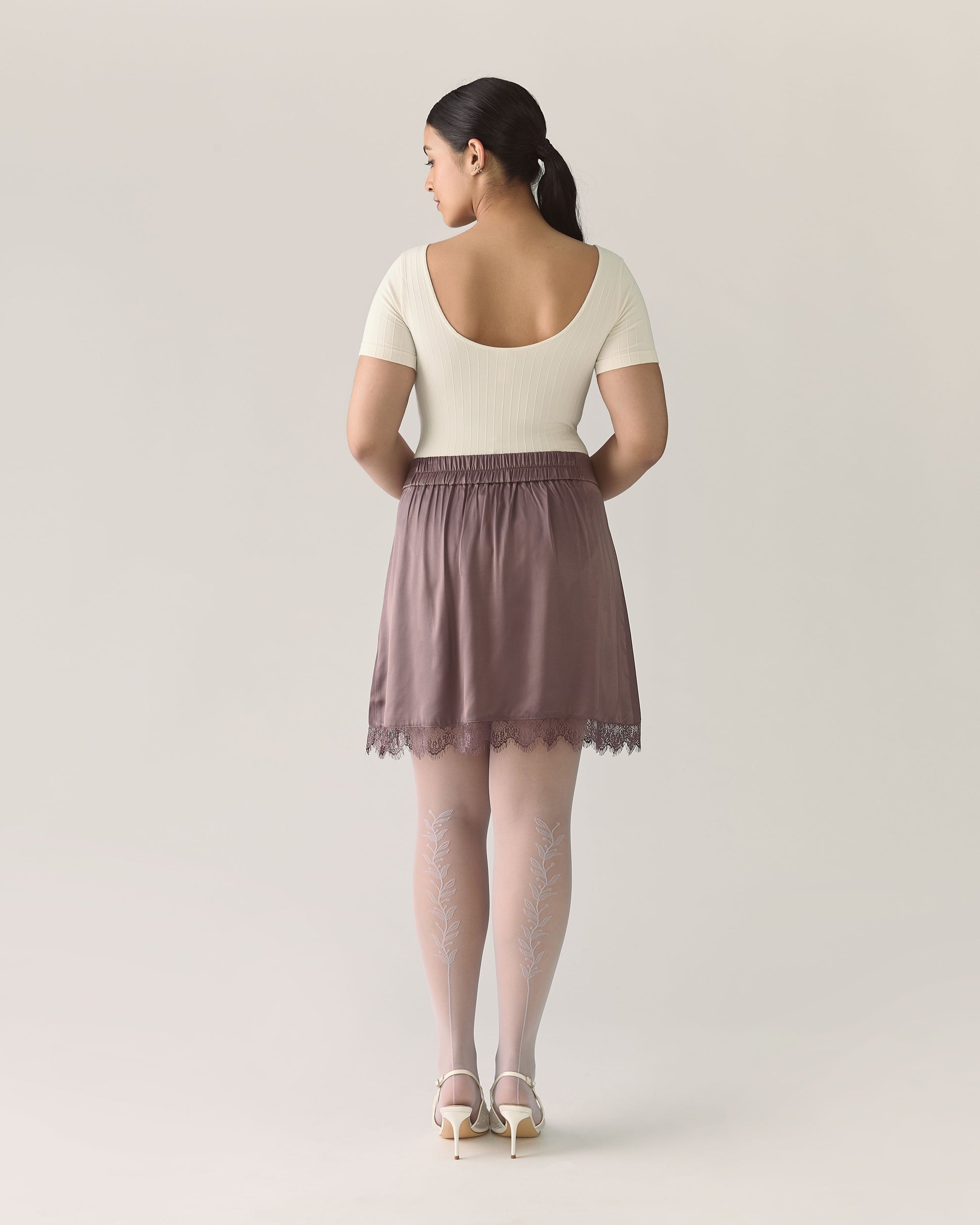 Lace Trim Satin Skirt in Deep Taupe