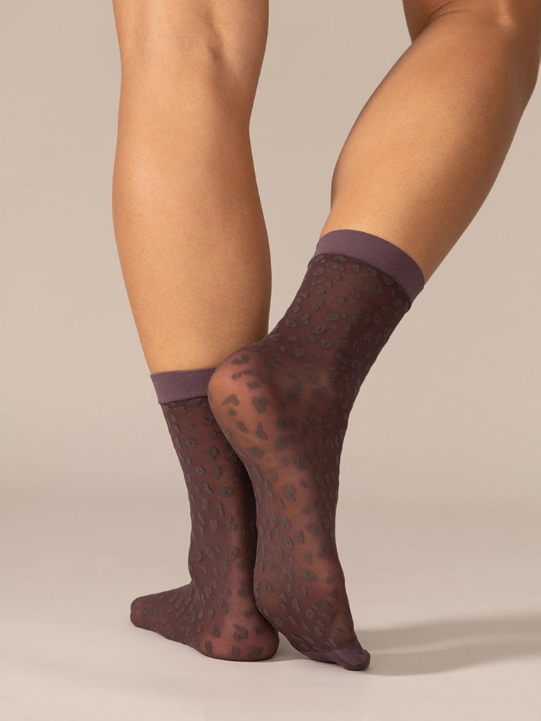 Chaussettes diaphanes motif mini léopard - Prune