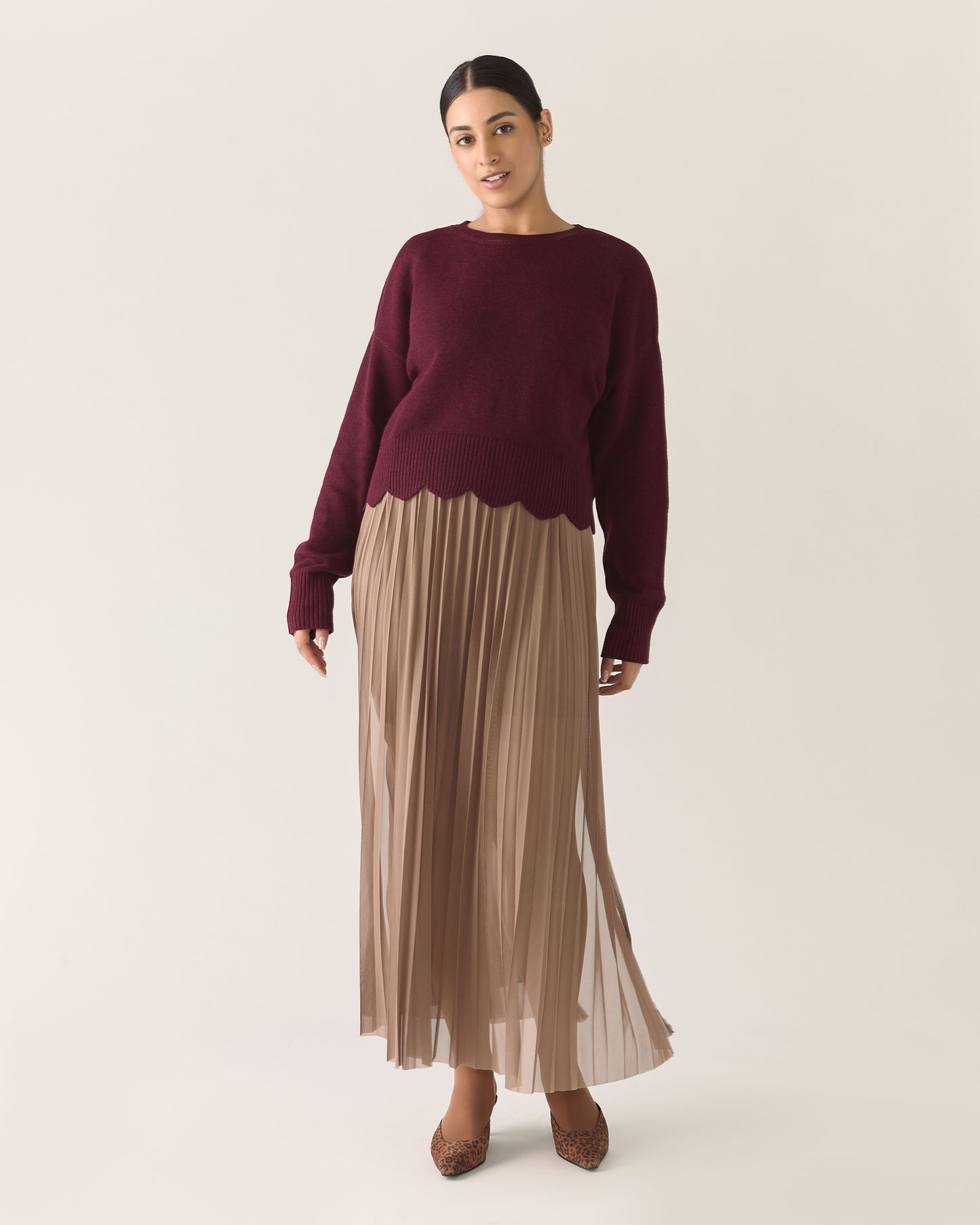 Scalloped Responsible Merino Sweater in Zinfandel