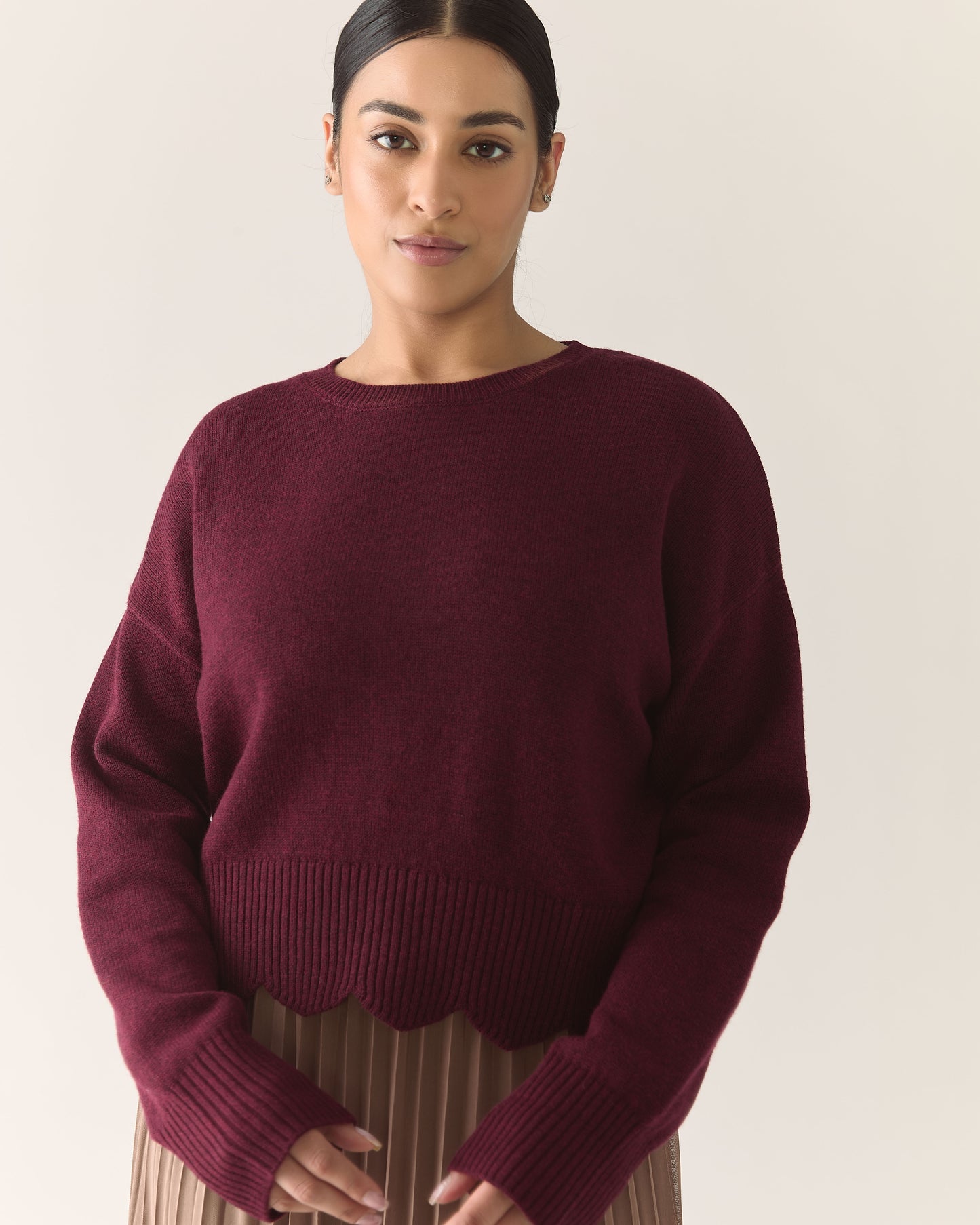 Scalloped Responsible Merino Sweater in Zinfandel