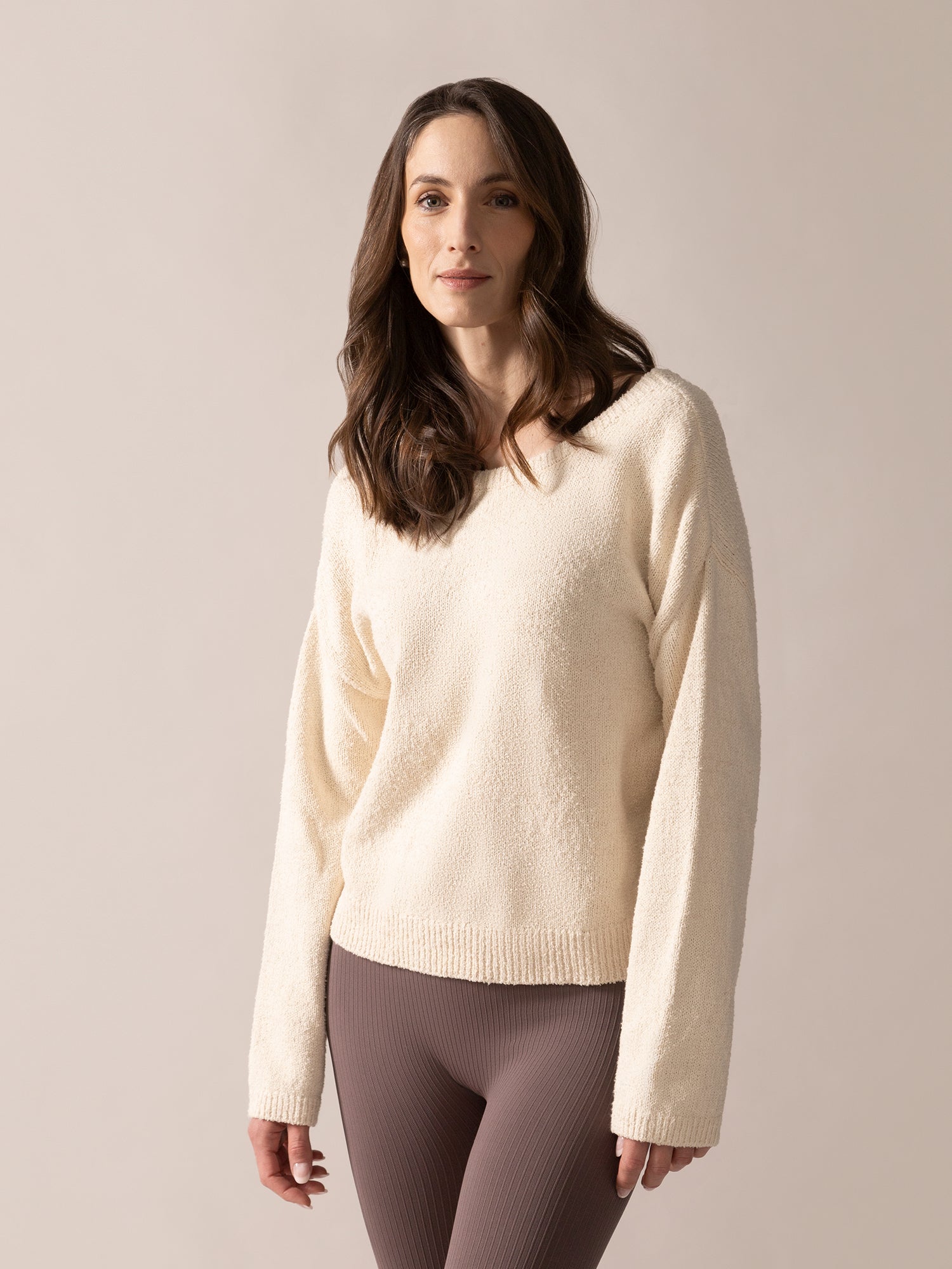 Bow-Back Bouclé Knit Sweater in Almond
