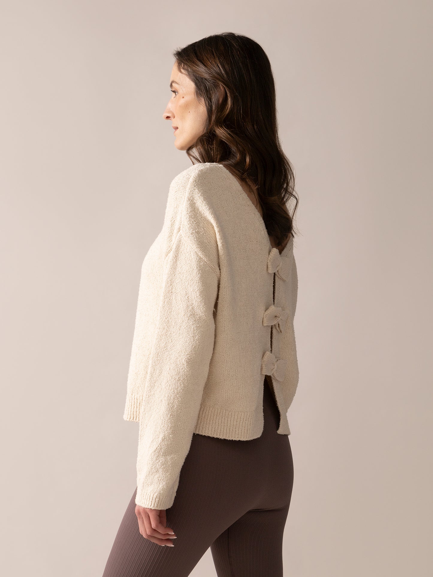 Bow-Back Bouclé Knit Sweater in Almond