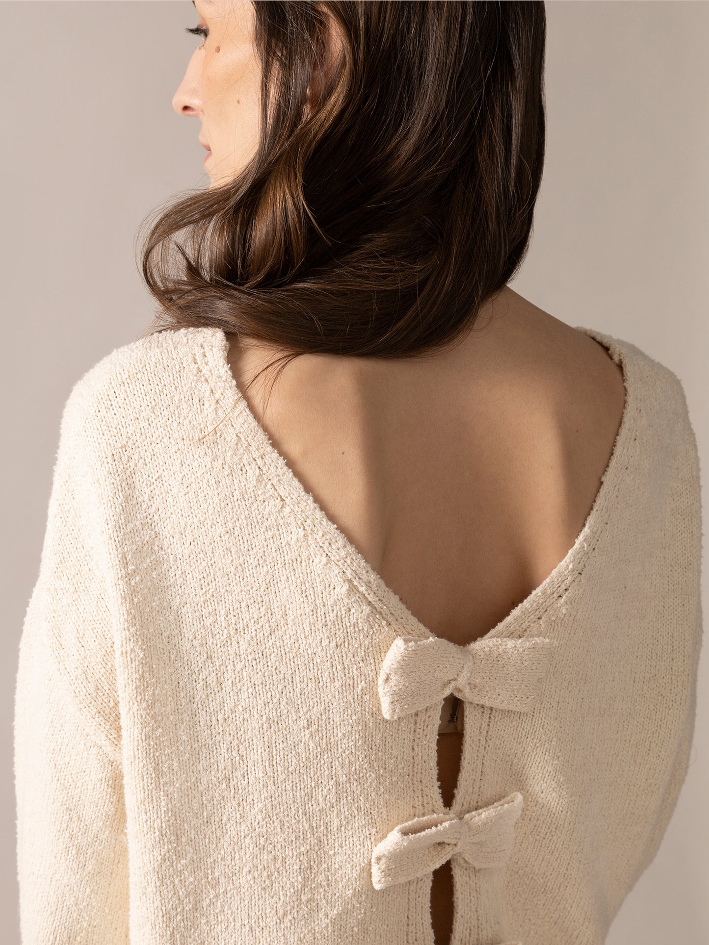 Bow-Back Bouclé Knit Sweater in Almond
