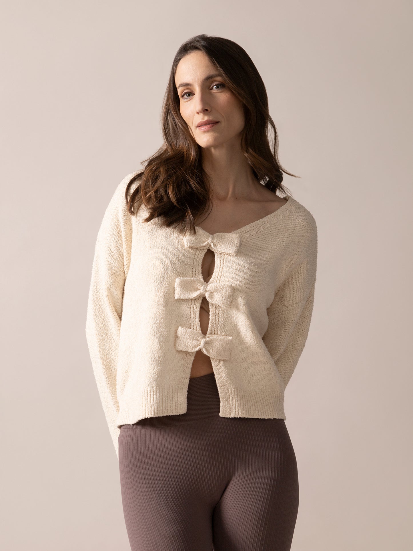Bow-Back Bouclé Knit Sweater in Almond