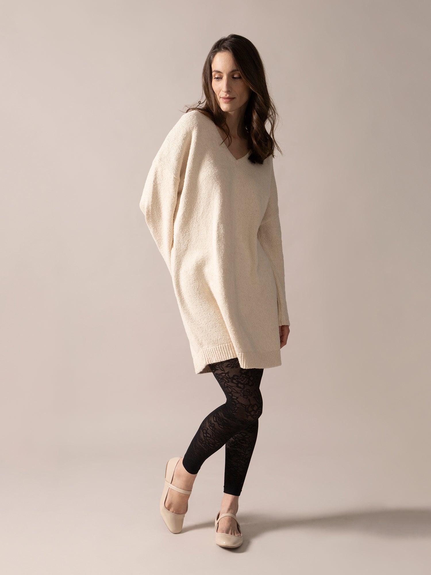 Bouclé Knit Long Sweater in Almond