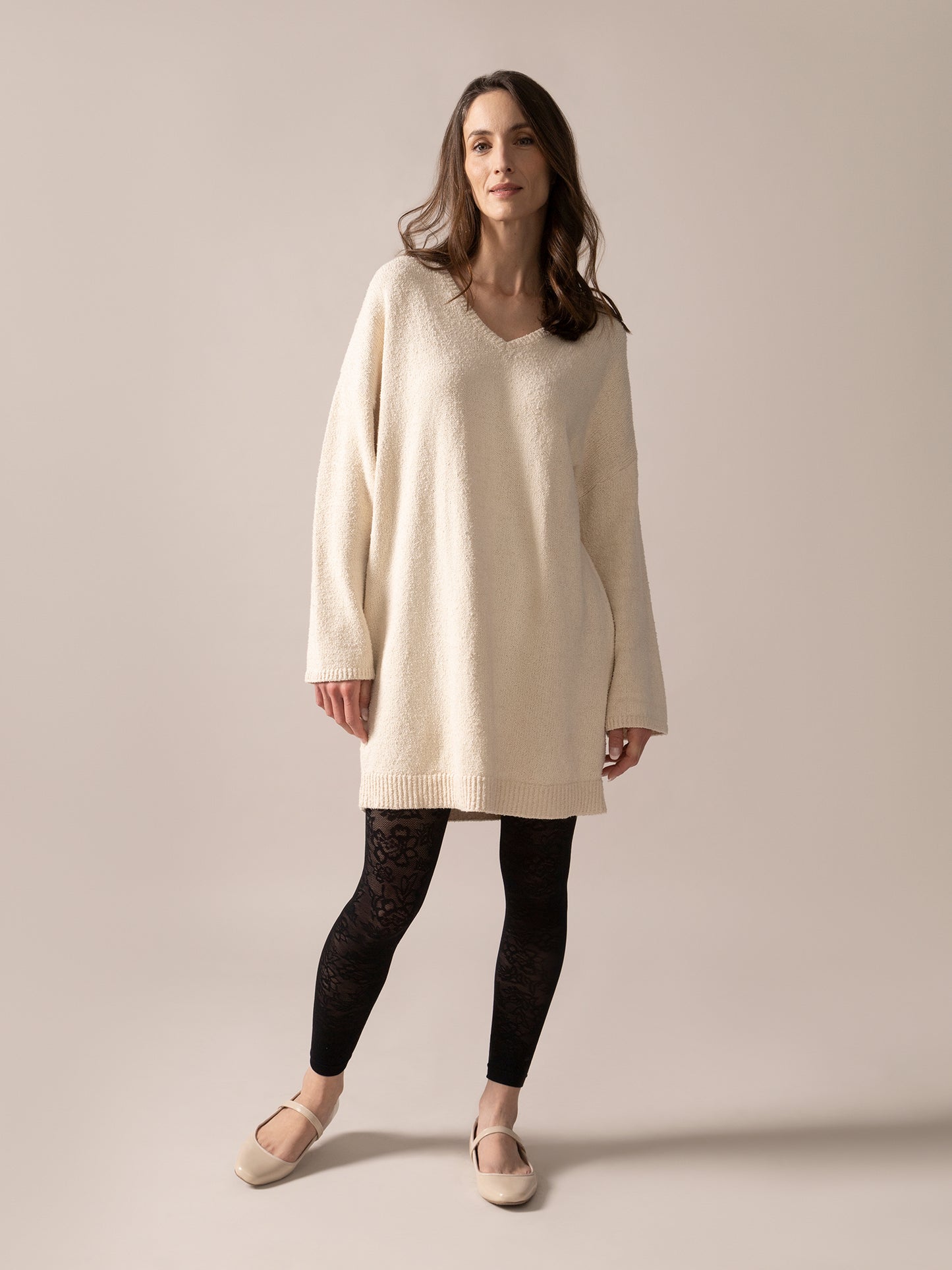 Bouclé Knit Long Sweater in Almond