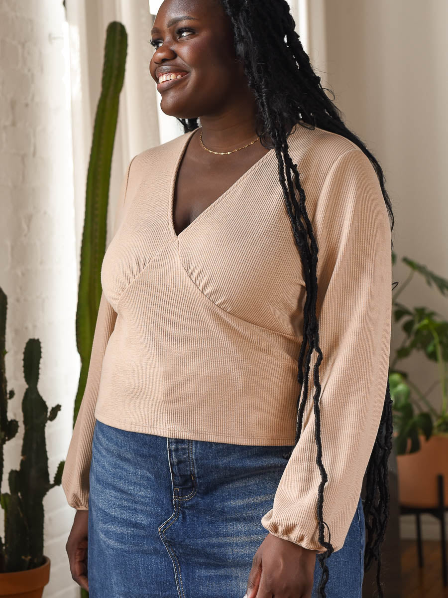 Beige V-Neck rib Top