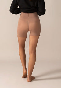 Back view close-up of the legs in the Sheer Shaping Tights 30D in Coffee, with shaping panty.