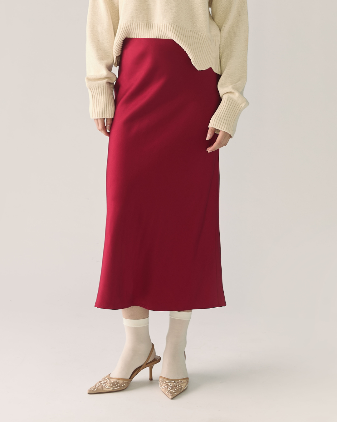 Midi Satin Skirt in Pomegranate Red